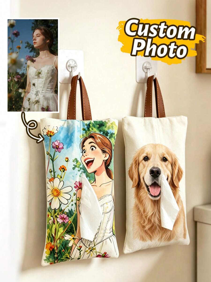 Custom Photo Tissue Holder Bag, Personalized Hanging Tissue Storage Bag, Watercolor Cartoon Style Home Decor, Customized Picture Wall Tissue Organizer, Customizable Bathroom & Bedroom Tissue Holder, Housewarming Gift, Birthday Gift, Christmas Gift - Style a - View 1