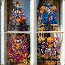 4pcs Day Of The Dead Skeleton Professions With Flowers And Spanish Text Window Sticker Cartoon Design Firefighter Construction Worker Sailor Police Self-Adhesive Easy Peel Stick Matte Finish For Window Glass Surface Halloween Decoration - A - View 7