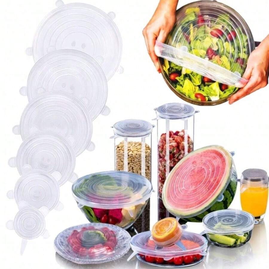 6-Piece Clear Flexible Silicone Food Lids, Universal Stretch Covers For Plates, Bowls & Containers - White - View 1