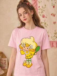 女款夏季 T-shirt，可愛檸檬甜點與青蛙印花寬鬆休閒 T-shirt，適合日常穿著與甜美女孩風格，粉紅色 - 粉色 - 查看 2