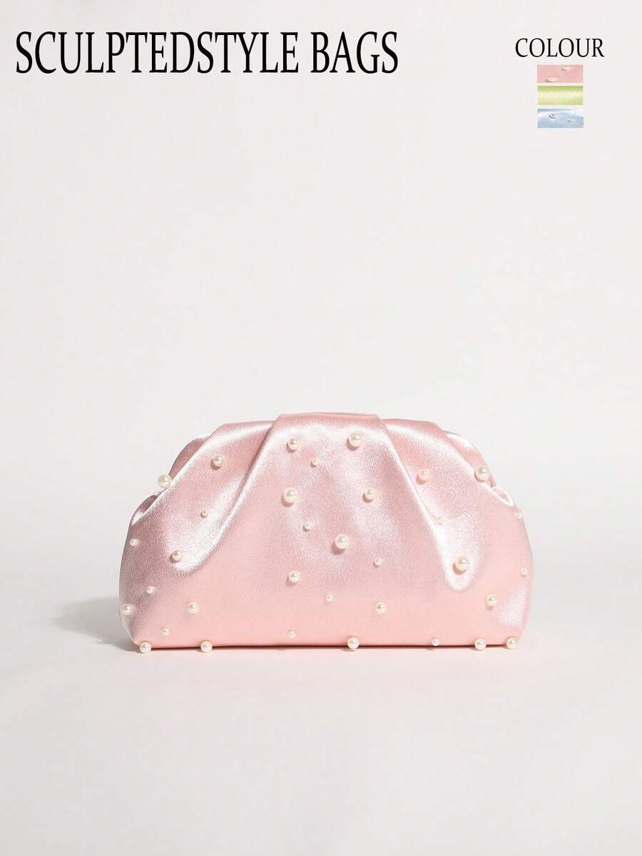 SCULPTEDSTYLE BAGS 1件裝粉色緞面軟雲朵手拿包女款，奢華珍珠裝飾與珠飾工藝，百褶設計，輕奢風晚宴包，附鏈條背帶正式包，適合舞會、晚宴、盛會 - 粉色 - 查看 1