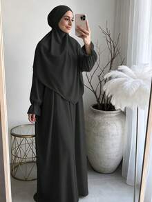 柔軟布料 Khimar 長袍套裝，寬鬆大尺碼長袖保守全身長洋裝，適合中東女性日常街頭穿著 - 彩色 - 查看 9