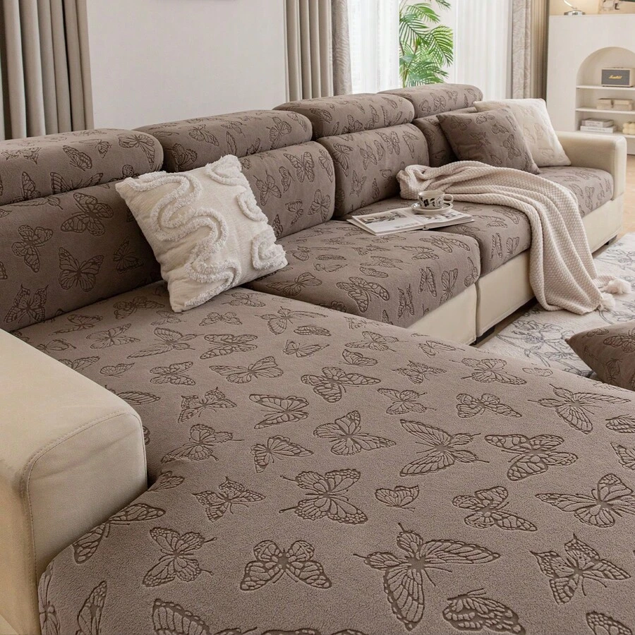 1pc Non-Slip Dust-Proof Minimalist Butterfly Solid Color Versatile Sofa Cover, Pet-Friendly, Easy To Clean, Machine Washable, Odorless, Wear-Resistant, Full Coverage Elastic Universal Sofa Slipcover - Brown - View 1