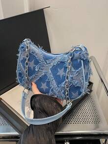 1pc Girls' Shoulder Bag With Decorative Buckle Detail, Stitching And Chain Strap, Street Fashion Bohemian Style - Blue - View 3