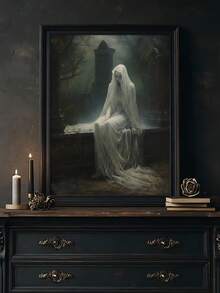 1 pieza Impresión gótica de fantasma oscuro, rosa del cementerio, fantasma en el cementerio bajo la luz de la luna, regalo ideal, adecuado para dormitorio, sala de estar, oficina, arte de pared, decoración de pared, decoración del hogar, decoración de la habitación, arte de pared en lienzo, pósteres, arte de pared con marco, marco opcional - 1 unidad - Ver 1