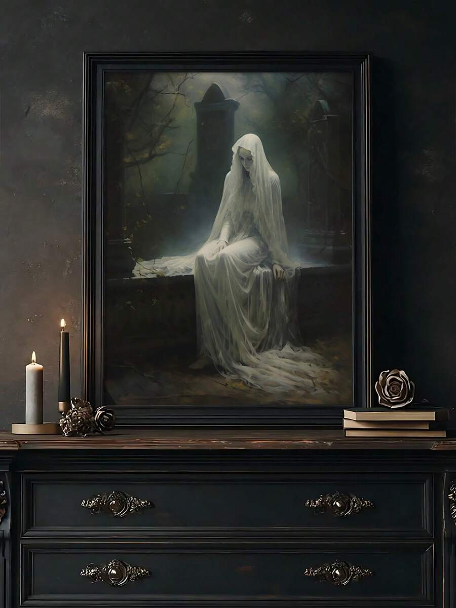 1 pieza Impresión gótica de fantasma oscuro, rosa del cementerio, fantasma en el cementerio bajo la luz de la luna, regalo ideal, adecuado para dormitorio, sala de estar, oficina, arte de pared, decoración de pared, decoración del hogar, decoración de la habitación, arte de pared en lienzo, pósteres, arte de pared con marco, marco opcional - 1 unidad - Ver 1