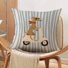 1 pièce Taie d'oreiller imprimée à rayures verticales bleues et blanches mignonnes, motif de teckel à moto, lavable en machine avec fermeture éclair, convient pour la décoration intérieure et extérieure de la maison, taie d'oreiller décorative, décoration de chambre, tissu durable, oreiller décoratif, pour les passionnés de maison chaleureuse, taie d'oreiller imprimée double face, taie d'oreiller décorative polyvalente, impression plate 2D (insert d'oreiller non inclus) - Multicolore - Voir 2