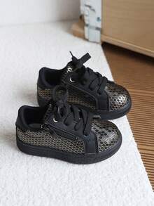 1 Pair Unisex Kids Honeycomb Glossy Side Zipper White Sneakers, Spring/Autumn New Style, Non-Slip Soft Sole, Casual Skate Shoes, Lightweight Luxury Versatile Campus Sports Shoes For Toddlers And Young Children - Black - View 3