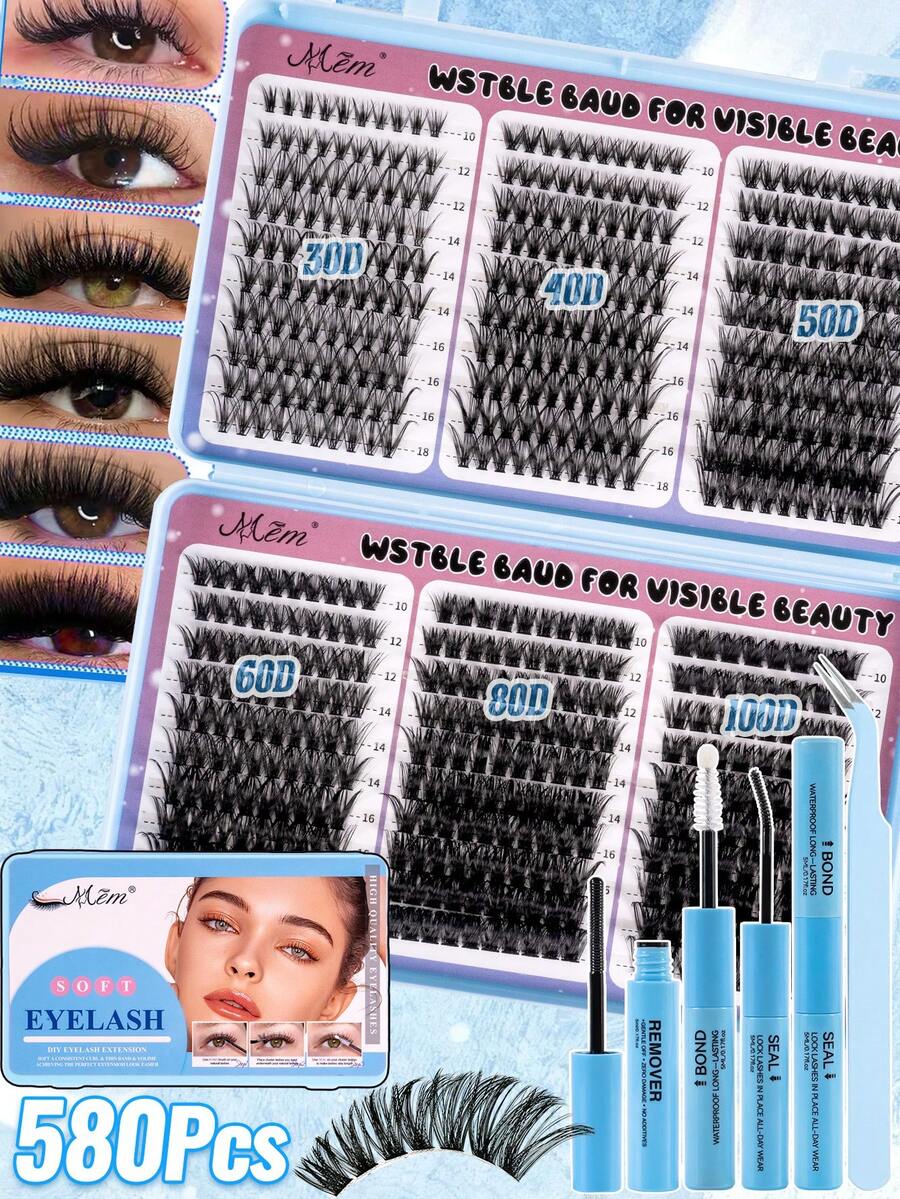 Juego de 580 pestañas postizas con rizo DD, voluminosas 30D/40D/50D/60D/80D/100D, longitud 10-18mm, reutilizables, fáciles de aplicar, adecuadas para principiantes, cosplay y uso diario, bajas en alérgenos