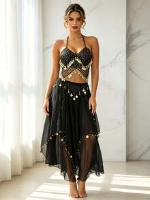 Bohemian Rhinestone Coin Halter Crop Top With Asymmetric Sheer Chiffon Skirt For Beach Vacations, Desert Festivals & Rave Outfits (Available In Multiple Colors) - Multicolor - View 13