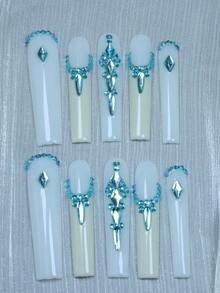 CrystalHola 10 Pcs Handmade Coffin-Shaped Nails, Y2K Style, Perfect For Summer Vacations, Graduation Season, The World Cup, And Independence Day. White & Blue With Rhinestones And French Tip Nails. Fits Parties, Weddings, And Wear Daily.A Great Gift For Girls Handmade Press On Nails - Multicolor - View 14