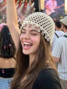 1 Peça Touca de Crochê Feita à Mão com Borla de Concha para Mulheres, Moda Primavera/Verão Fina Y2K, Touca de Crochê Tricotada com Borla, Adequada para Uso Diário, Férias, Decoração de Fotografia Boêmia - Multicolorido - Visão 4