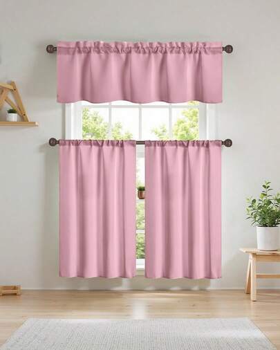 Easy Home 3 Piece Pink Blackout Window Curtain Set With Tiers And Valance Rod Pocket Thermal Privacy Curtain Tiers For Kitchen, Living Room, Bathroom Shades, W27 X L36 Inch, (Pink)