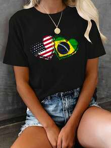 100% Cotton Women Christmas T-Shirt Half Brazilian Half American USA Brazil Culture Flag T-Shirt Print T-Shirt  Comfort Tee Top For Spring & Summer - 灰色 - 查看 1