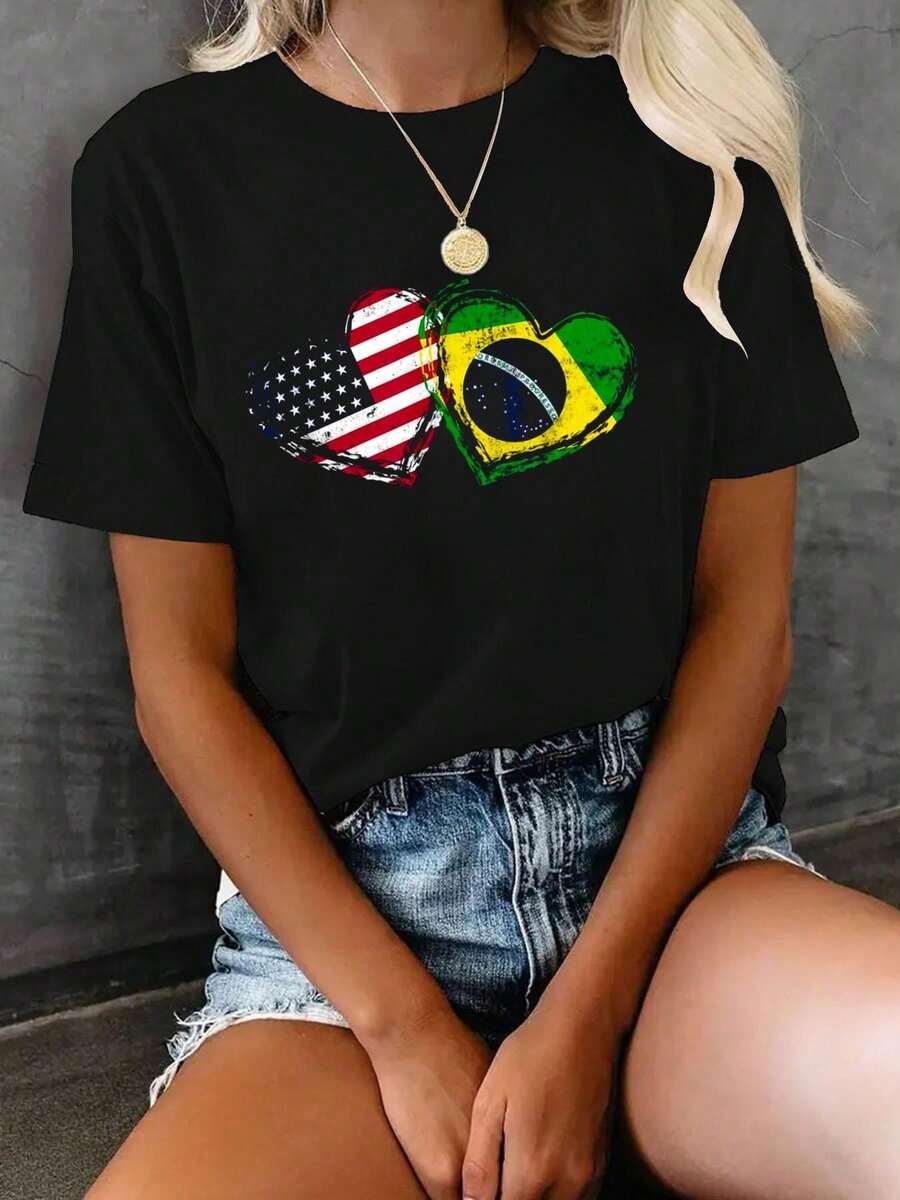 100% Cotton Women Christmas T-Shirt Half Brazilian Half American USA Brazil Culture Flag T-Shirt Print T-Shirt  Comfort Tee Top For Spring & Summer - 灰色 - 查看 1