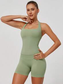 NcmRyu Women's One Set Solid Color Spaghetti Strap Removable Padded Fitted Camisole And Ruched Butt Shorts Sports Set - Moss Green - View 5