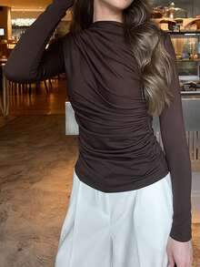 GLAMSKIN Women Fall Winter Asymmetric Off‑Shoulder Long Sleeve Top,Business Homecoming Going‑Out Wear Brown Casual - Brown - View 10