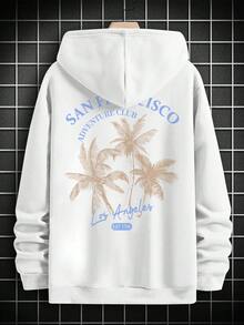 Men's American Vintage Skull Longboard Surf Print Hoodie, LONG BOARD Wave & Palm Tree English Slogan, White Loose Drop Shoulder Hoodie - White - View 4