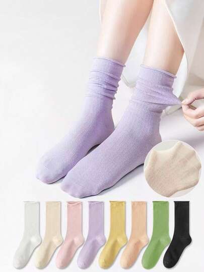 1/4/7/10 Paar zufällige Damen einfarbige minimalistische Socken mit umgeschlagener Kante im JK-Stil, modisch, vielseitig, bequem, atmungsaktiv, Slouch-Socken bis zur Wade