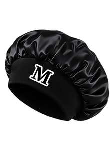 Silky Black Customized Initial Satin Sleep Cap, Elastic Wide Brim Hair Protection Cap, Soft Smooth Night Cap, Reduces Curly Hair Breakage - Black Letters - View 19