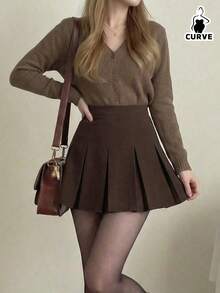 Women's Plus Size Pleated A-Line Mini Skirt, Woven Non-Stretch Fabric, Elegant Autumn Fashion - Brown - View 4
