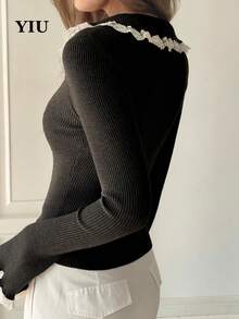 Women's Ribbed Knit Pullover Sweater With Contrast Lace Trim And Button Detail, Long Sleeve Regular Fit Cardigan - Black - View 4