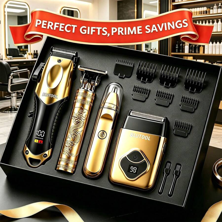 BLUTOOL 4-In-1 Professional Hair Clippers Set, Cordless Beard Trimmer & Electric Shavers Kit, LCD Display Barber Clippers For Men, USB Rechargeable Grooming Kit, Perfect Gift For Christmas/Birthday/Father's Day - Gold - View 1