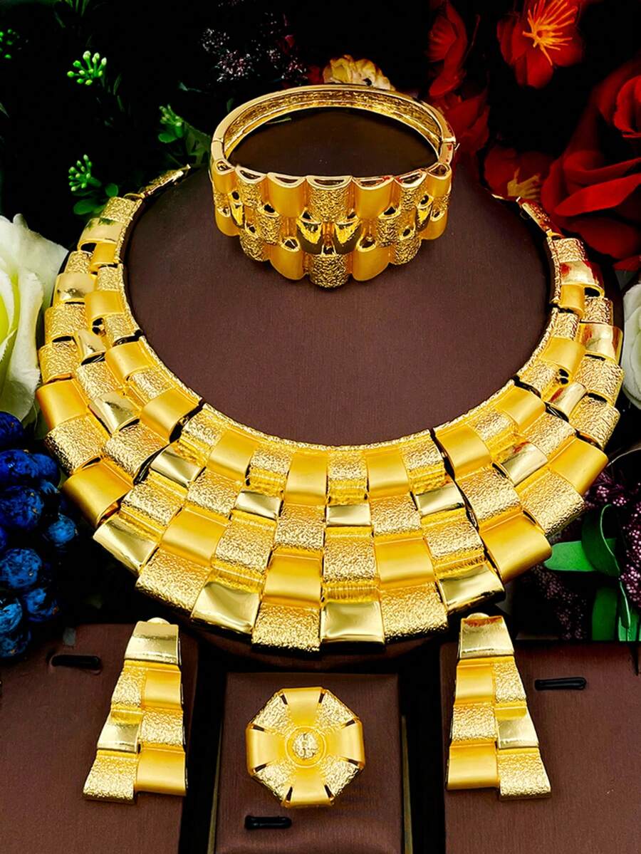 Conjunto de Joias Elegante de Alta Qualidade para Mulheres, Colar Grande, Pulseira, Anel, Brincos, Acessórios para Casamento, Banquete e Festa, Presente de Feriado, Uso Diário