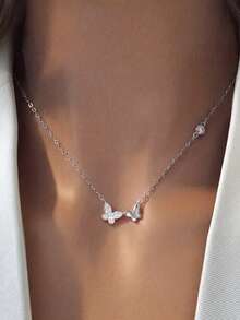 1pc S925 Sterling Silver Ins Mori Style Fresh Rhinestone Double Butterfly Thin Necklace Elegant Luxury Elegant Personalized Exquisite Daily Casual Versatile Fashion Sweet Cute Petite Gentle Aesthetic Atmosphere Clavicle Chain Valentine's Day Gift - Butterfly - View 2