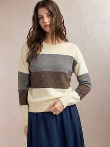 Autumn/Winter New Milk Coffee Grey Color-Block Horizontal Striped Knit Sweater, Casual Slouchy Basic Knit Top, Color-Block Large Stripes With Retro Vibe, Suitable For Skirts And Pants - Beige - View 1