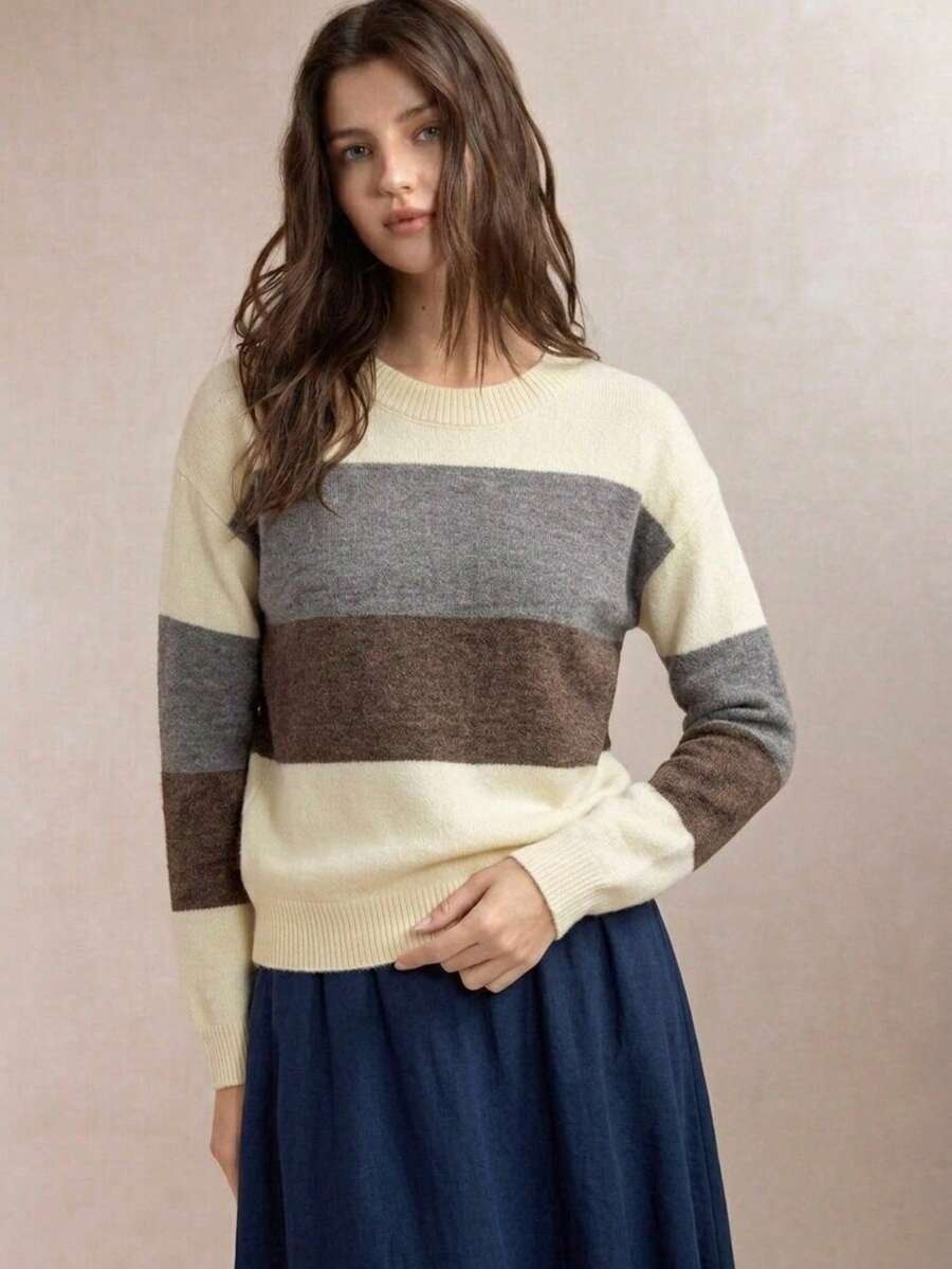 Autumn/Winter New Milk Coffee Grey Color-Block Horizontal Striped Knit Sweater, Casual Slouchy Basic Knit Top, Color-Block Large Stripes With Retro Vibe, Suitable For Skirts And Pants - Beige - View 1