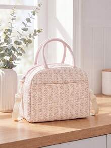 Floral Quilted Insulated Lunch Bag - Leak-Proof Reusable Thermal Cooler Tote, Large Capacity, Cute Coquette Style For Work, School, Picnic & Travel - 垂直粉花 - 查看 1