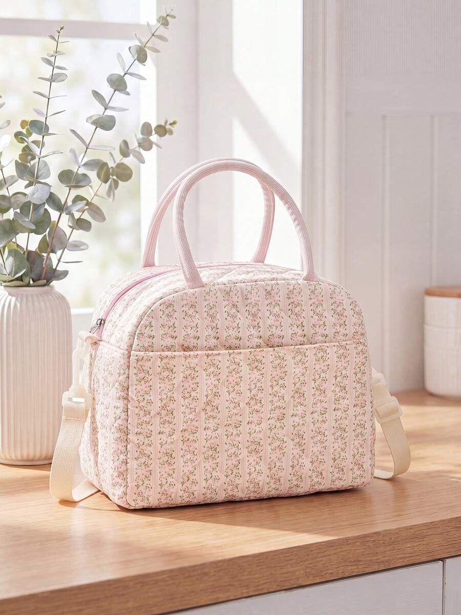 Floral Quilted Insulated Lunch Bag - Leak-Proof Reusable Thermal Cooler Tote, Large Capacity, Cute Coquette Style For Work, School, Picnic & Travel - 垂直粉花 - 查看 1