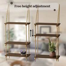 1pc 3 Tier Wooden Hanging Shelf With Jute Rope, Rustic Wall Mounted Floating Shelves, Boho Farmhouse Wood Swing Rope Shelf Organizer For Plants Photos Frames, Living Room Bedroom Bathroom Kitchen Home Office Window Wall Decor Storage Display Rack - Brown - View 3