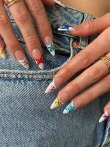 10 Peças de Unhas Francesas Coloridas com Estrela. Unhas Postiças Vintage Hot Girl. Unhas Personalizadas com Super Senso de Design. Estilo de Férias na Ilha. Pontas Francesas Coloridas com Estrela e Glitter. Puramente Feitas à Mão e Reutilizáveis. Novas Unhas para Mulheres Bonitas. - Multicolorido - Visão 1