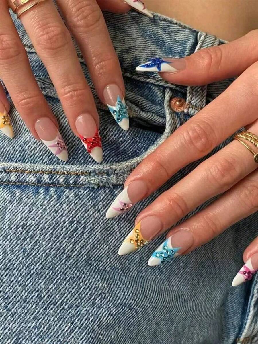 10 Peças de Unhas Francesas Coloridas com Estrela. Unhas Postiças Vintage Hot Girl. Unhas Personalizadas com Super Senso de Design. Estilo de Férias na Ilha. Pontas Francesas Coloridas com Estrela e Glitter. Puramente Feitas à Mão e Reutilizáveis. Novas Unhas para Mulheres Bonitas. - Multicolorido - Visão 1