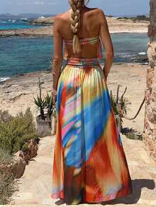 DOUCIU Strapless Hollow Gradient Print Waist-Cinching Slit Dress Island Vacation Style - Blue - View 1