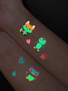 10 Hojas de Pegatinas de Tatuajes Temporales que Brillan en la Oscuridad, paquete Combinado Luminoso, Diseño de Zorro, Rana y Búho de Dibujos Animados Lindos Neón, Arte Corporal, Tatuajes Temporales Impermeables que Brillan en la Piel Unisex para Fiesta, Festival Nocturno, Playa, Diversión Diaria - Multicolor - Ver 5