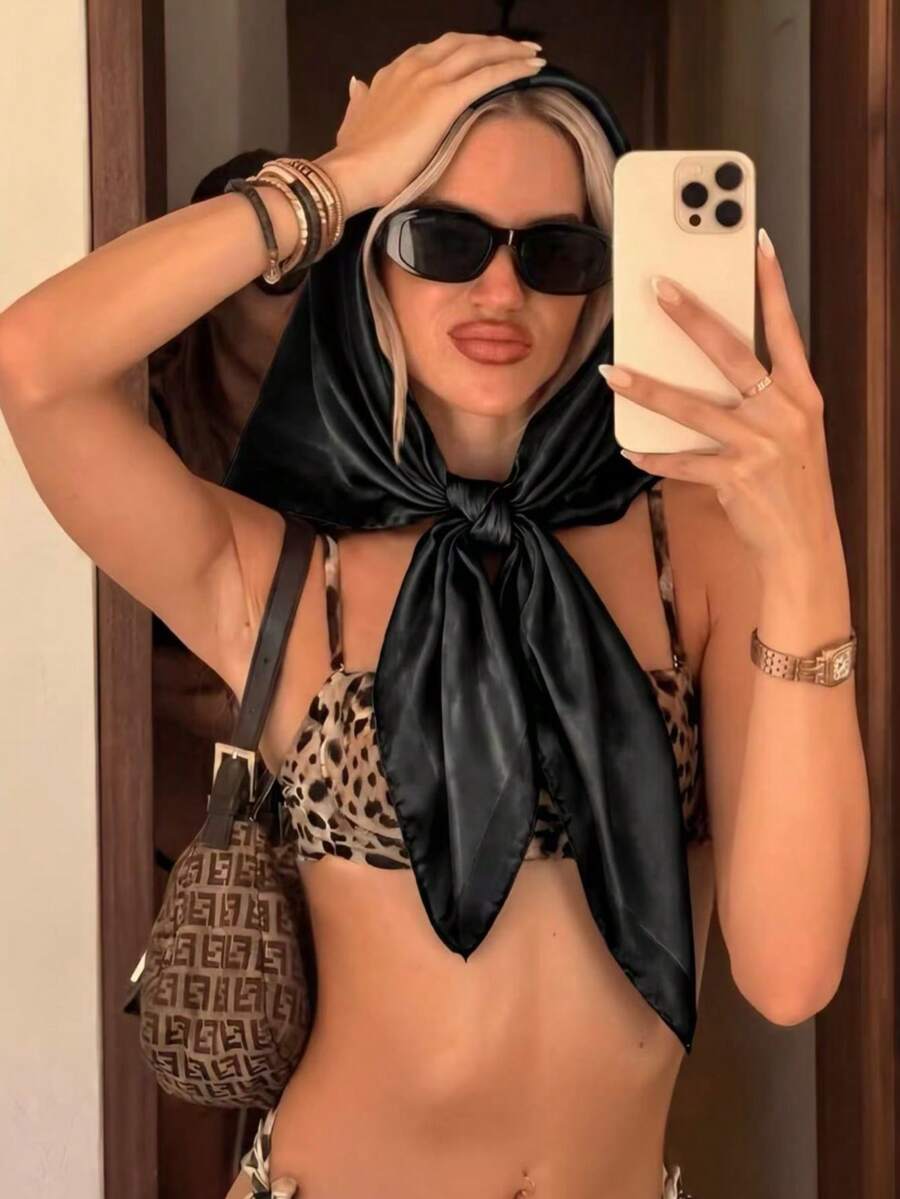 1pc Of Women's Casual Solid-Color Spring New Headscarf Or Scarf, Summer Hair Accessory, Suitable For Vacations, Beach Parties And Street Fashion - Black - View 1