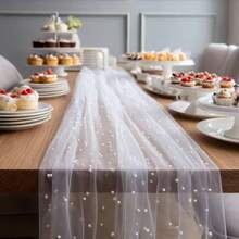 1pc White Faux Pearl Tulle Table Runner, Semi-Transparent Polyester Fabric, Pearl Mesh Cake Dessert Tablecloth, Solid Color Design, Suitable For Wedding, Bridal Shower, Birthday, Holiday And Home Party Table Decor - White 1PC - View 14