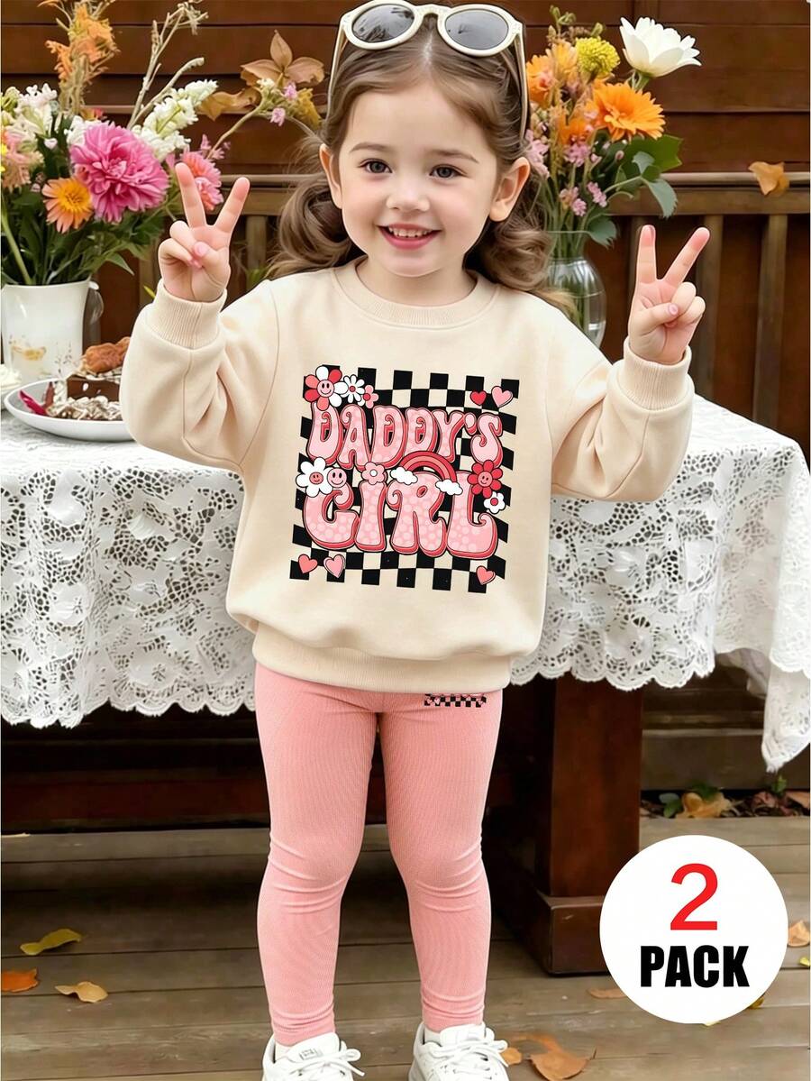 2pcs/Set Infant Girl Slogan Print Crew Neck Long Sleeve Sweatshirt And Leggings Outfit, Fashionable And Cute, Suitable For Autumn/Winter - Multicolor - View 1