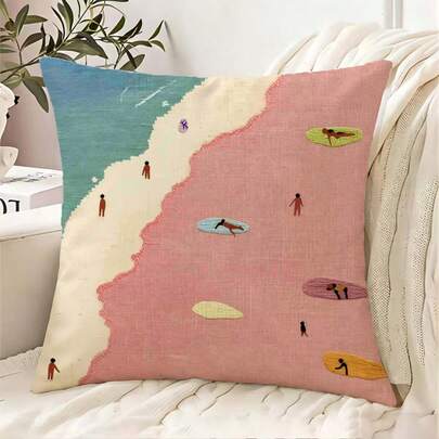 1pc Minimalist Pink & Blue Contrast Beach Vacation Throw Pillow Cover, Summer Decorative Pillowcase, Machine Washable With Zipper Closure, Suitable For Indoor & Outdoor Home Decor, Bedroom Decoration, Durable Fabric, Decorative Pillow, Cozy Home Lovers, Double-Sided Printed Pillowcase, Versatile Decorative Pillowcase, 2D Flat Print (Pillow Insert Not Included)