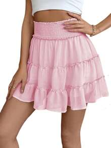 Women's Summer High-Waisted Ruffle Tennis Skirt, Flowing Skirt, Suitable Nighttime Wear - Pink - View 2