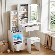 Dressing Table Set With Mirror And Stool, Adjustable LED Light Vanity Table, 3 Drawers Makeup Desk With Sliding Mirror - White #2 - View 9