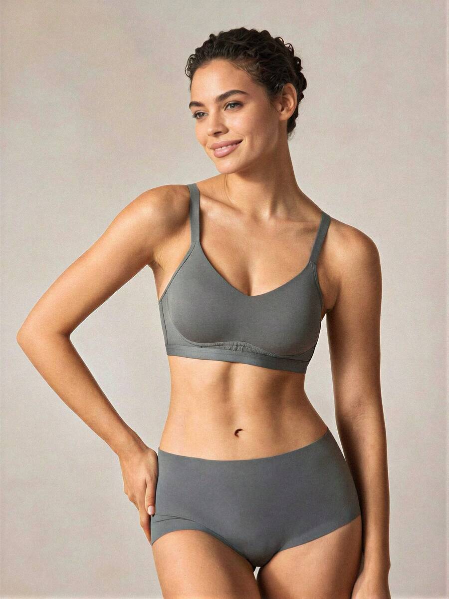 Veilyse 3 piezas Sujetador de lencería cómodo y casual sin aros con copa suave de color liso para mujer para el verano - Multicolor - Ver 1