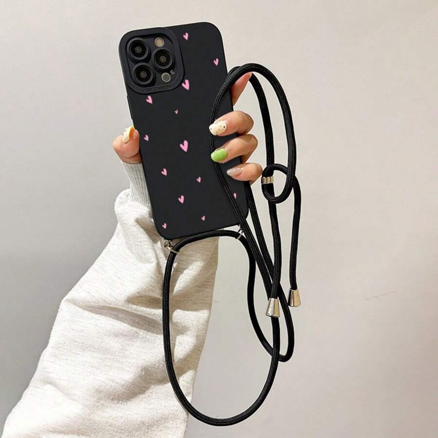 Convenient Lanyard Phone Case With Multi-Functional Adjustable Lanyard And Crossbody Strap, Pupil Black Minimalist Heart Design, Easy-To-Use TPU Shockproof Protective Shell For Apple Phones - Multicolor - View 1