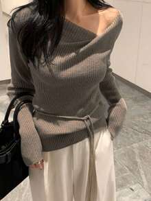 Design Triangle Cut Off-Shoulder Ruched Tie Long Sleeve Knit Top - Mocha Brown - View 1