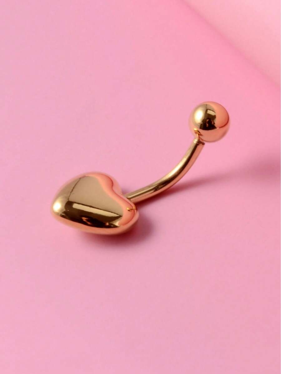 Solid Polished Heart Navel Ring, Anti-Allergy Steel External Thread Belly Piercing, Cute Body Jewelry Gift For Women & Girls - Yellow Gold - View 1