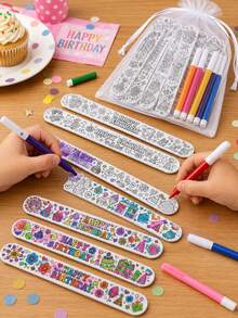 27/9pcs Birthday DIY Coloring Handprint Bracelet Set, Fun Birthday Party Favors, Handmade Activity Gifts And Gift Bag Fillers - Slap Ring + Pen + Mesh Bag - View 2