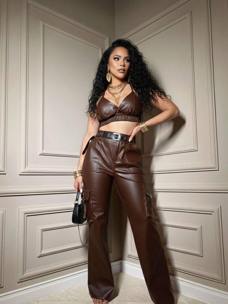 Cargo Pants And Leather Top Set (0038) - Rust Brown - View 1